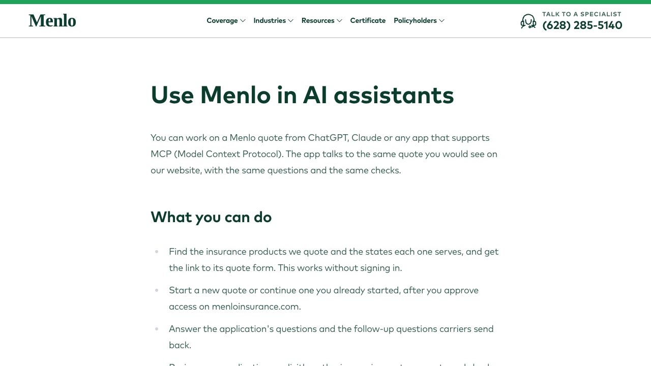 Menlo Insurance MCP website